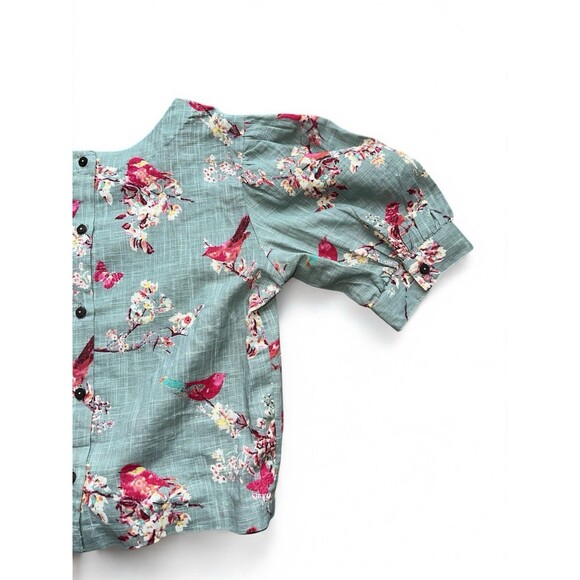 Bombay Paisley XS Linen Crop Top Bird Print Puff Sleeve Blouse Fairy Garden - Picture 11 of 16